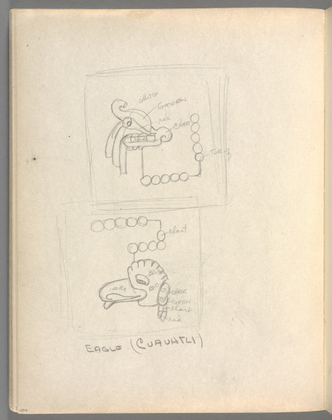 Sketchbook No. 6, page 104: Pencil 2 designs of eagles with color notes, underneath , Eagle (Cuauhtli)