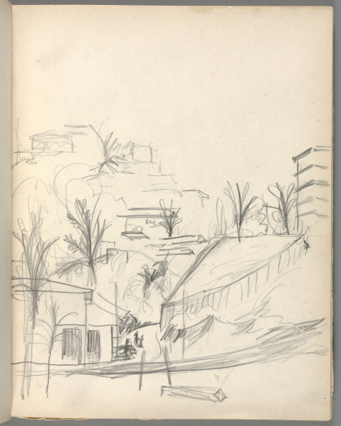 Sketchbook No. 6, page 111: Pencil drawing of houses up hillside and trees
