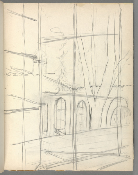 Sketchbook No. 6, 109: Pencil drawing looking through a paned window at house with arched windows  
