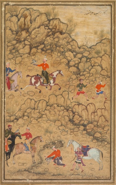 Hunting with falcons in a landscape; Verso: Calligraphy of Chaghatai Turkish poems in praise of wine, Sultan Muhammad Nur (Persian, c. 1472–1536) and Mirza Muhammad (probably Persian, active c. 1520s)