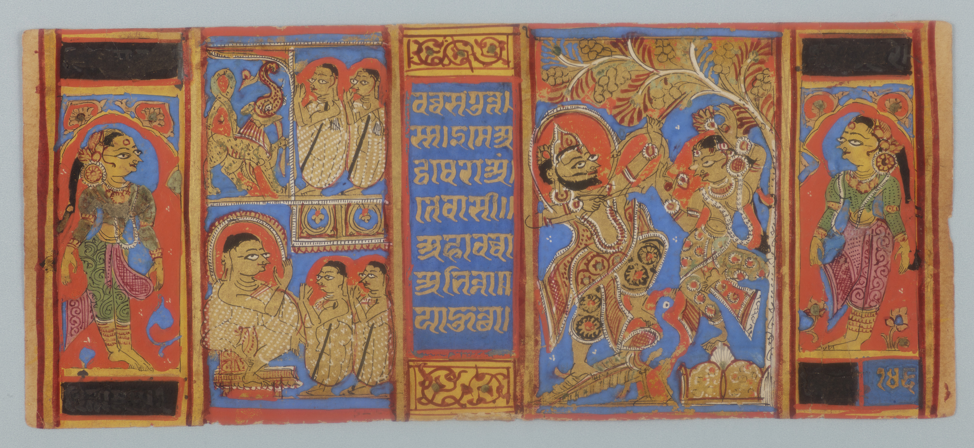 Sthulabhadra and his sisters; Kosha and the charioteer, folio 146 (verso) from the “Devasano Pada Bhandar” Kalpa-sutra