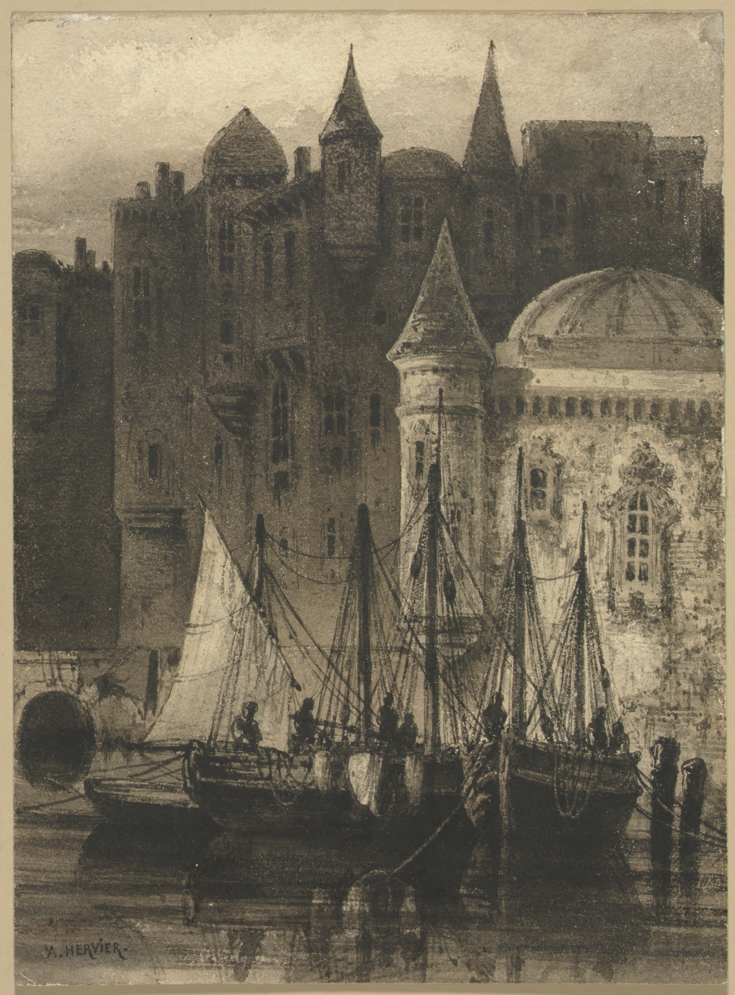 Harbor Scene with Boats and Castle