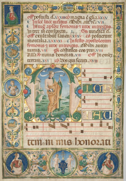 Leaf from a Gradual: Initial (M) with St. Andrew (recto)