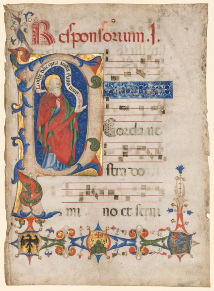Leaf from an Antiphonary: Historiated Initial P with the Prophet Samuel; Arms of the Visconti Family and the Olivetan Order