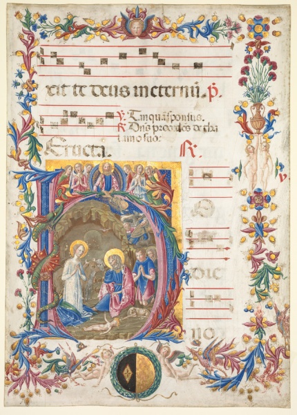 Single Leaf from an Antiphonary: Initial H[odie nobis] with The Nativity