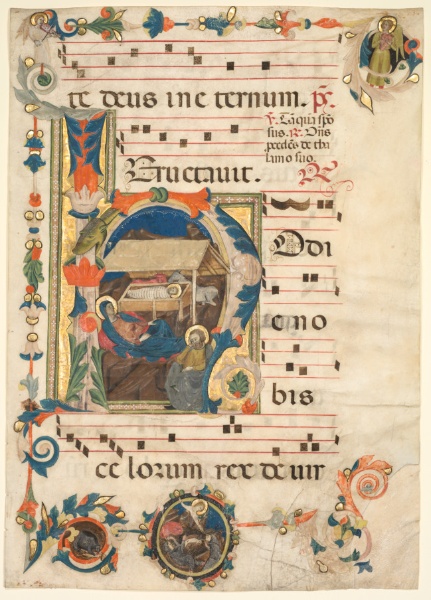 Leaf from an Antiphonary with Historiated Initial (H) with The Nativity (recto)