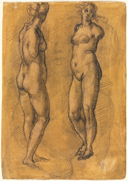 Copy of an Antique Statue of a Standing Woman (two views), over a Sketch of a Putto