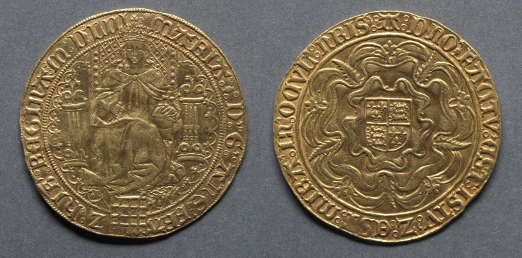 Sovereign: Mary Enthroned (obverse); Shield of Royal Arms on a Tudor Rose (reverse)
