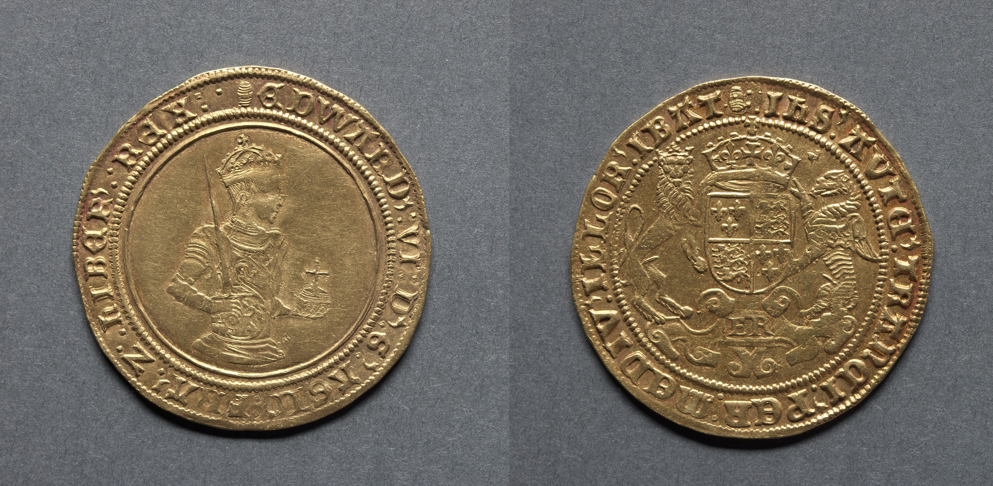 Sovereign of Twenty Shillings: Edward VI (obverse); Crowned Shield of Royal Arms (reverse)