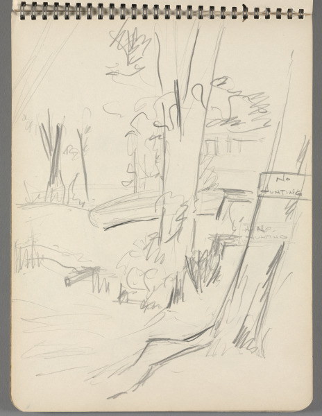 Sketchbook No. 8, page 5: Pencil landscape sketch with sign No Hunting