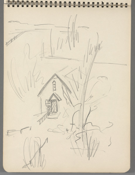 Sketchbook No. 8, page 9: Pencil sketch of building in landscape