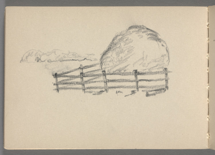 Sketchbook No. 10, page 11: Pencil sketch of split rail fence around round tree