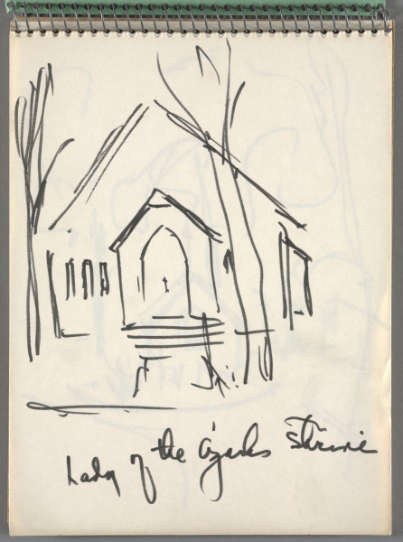 Sketchbook No. 9, page 1: Pen and black ink: sketch of building, Lady of the Ozarks Shrine