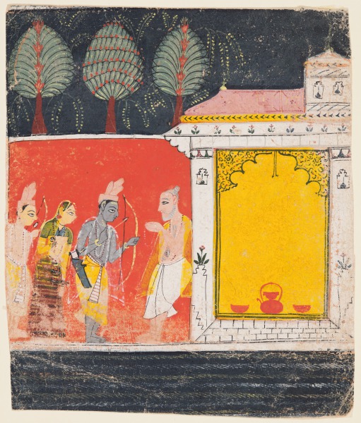 Rama, Sita, and Lakshmana visit the hermitage of the sage Bharadvaja at Prayaga, from Chapter 48 of the Ayodhya Kanda (Book of Ayodhya) of a Ramayana (Rama’s Journey)