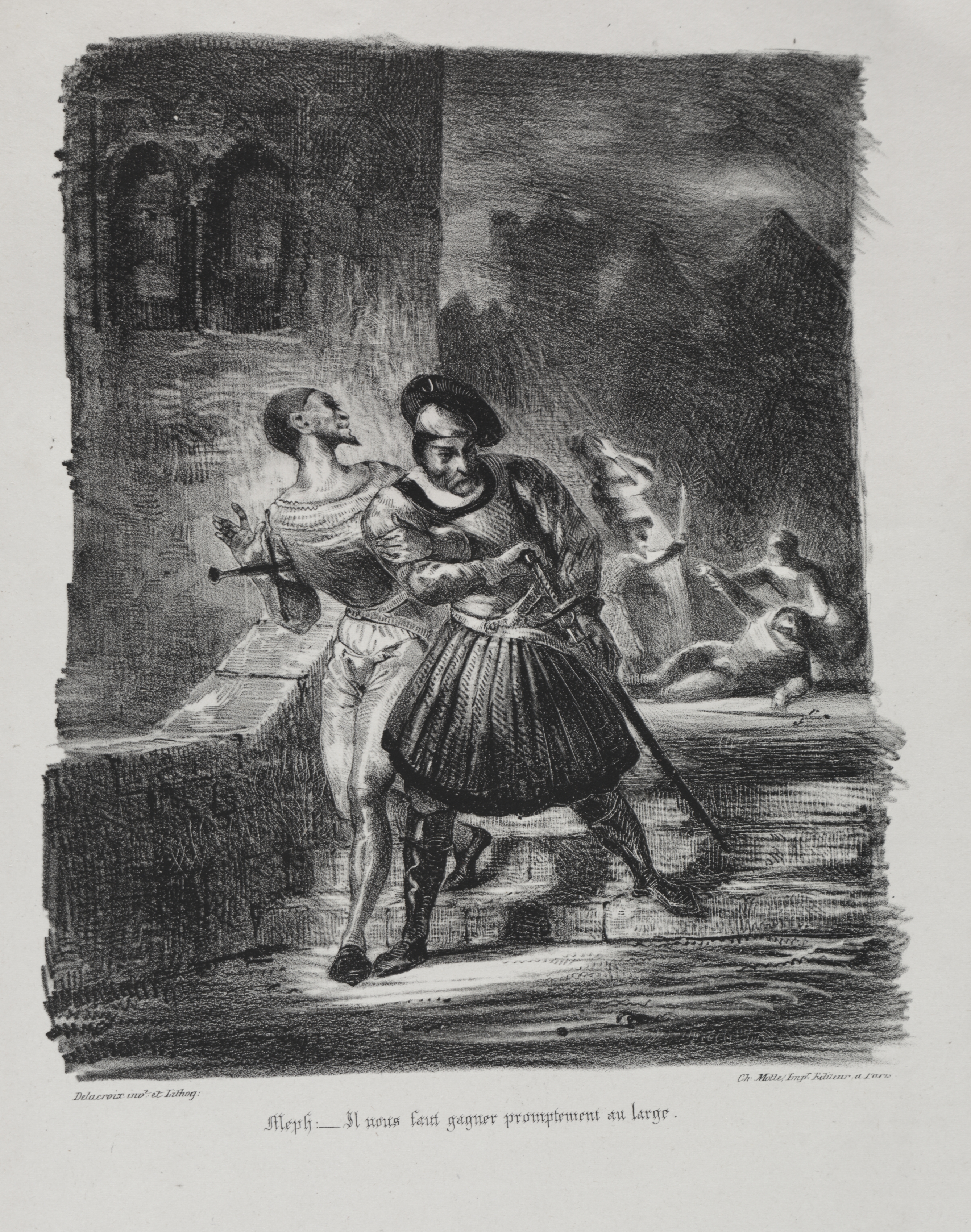 Illustrations for Faust:  Méphistophélés and Faust flee after the duel