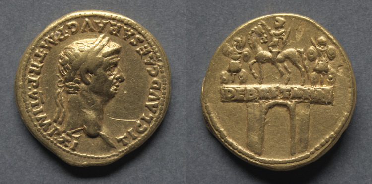 Aureus: Bust of Claudius I (obverse); Triumphal Arch with Equestrian Statue and Trophies (reverse)