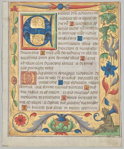 Leaf from a Psalter and Prayerbook: Initial E with Ornamental Border Containing a Seated Satyr and a Bird Eating Grapes (recto)