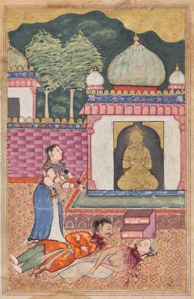 The princess discovers the dead bodies, with heads severed, of her husband and his Brahman friend, from a Tuti-nama (Tales of a Parrot): Thirty-fourth Night