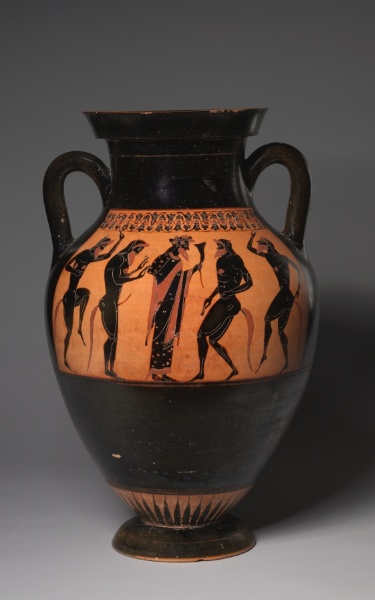 Black-Figure Amphora (Type B; Storage Vessel): Battling Warriors (A); Dionysos and Satyrs (B)