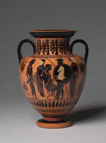 Black-Figure Neck-Amphora (Storage Vessel): Departing Warriors (A); Dionysos and Satyrs (B)