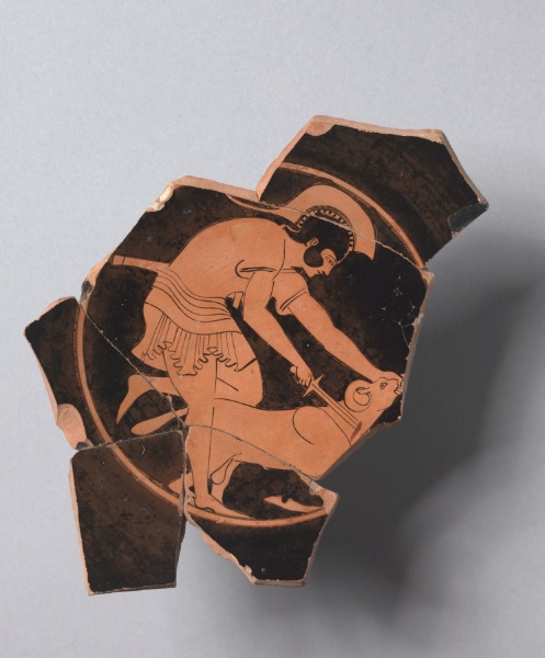 Fragmentary Red-Figure Kylix (Drinking Cup): Warrior Sacrificing Ram