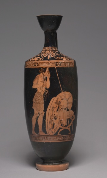 Red-Figure Lekythos (Oil Vessel): Warrior Cutting Hair