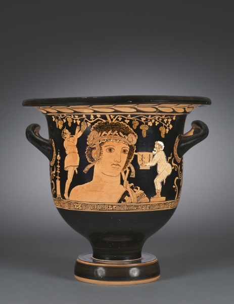 Red-Figure Bell-Krater (Mixing Vessel): Bust of Dionysos and Comic Actors (A); Dionysos, Satyr, Maenad (B)