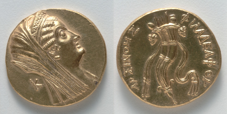 Octodrachm: Head of Arsinoe II (obverse); Double Cornucopia (reverse)