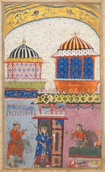A woman asks her lover to leave her house, brandishing his sword and feigning rage in order to deceive her husband who has just arrived, from a Tuti-nama (Tales of a Parrot): Eighth Night