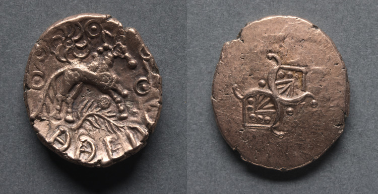 Addedomaros Stater: Crescents (obverse); Horse, Branch, and Spiral Sun (reverse)