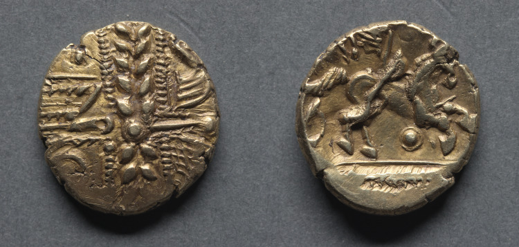Stater: Wreath, Cloak, and Crescents (obverse); Horse and Wing Motif (reverse)