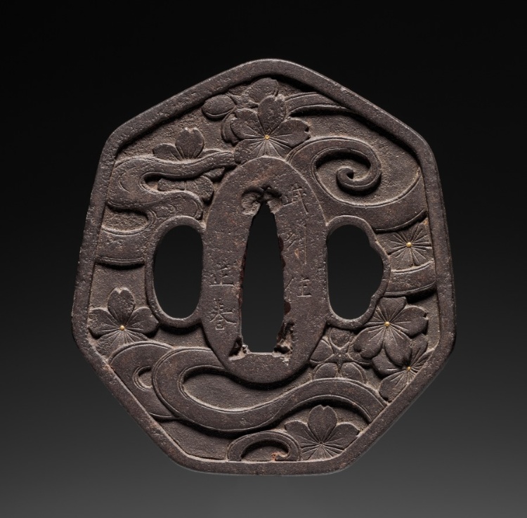 Sword Guard (Tsuba) with Cherry Blossoms on River