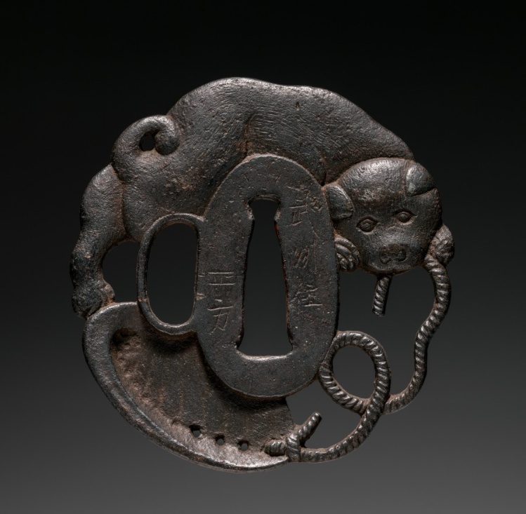 Sword Guard (Tsuba) with Puppy Playing with Shell on Cord