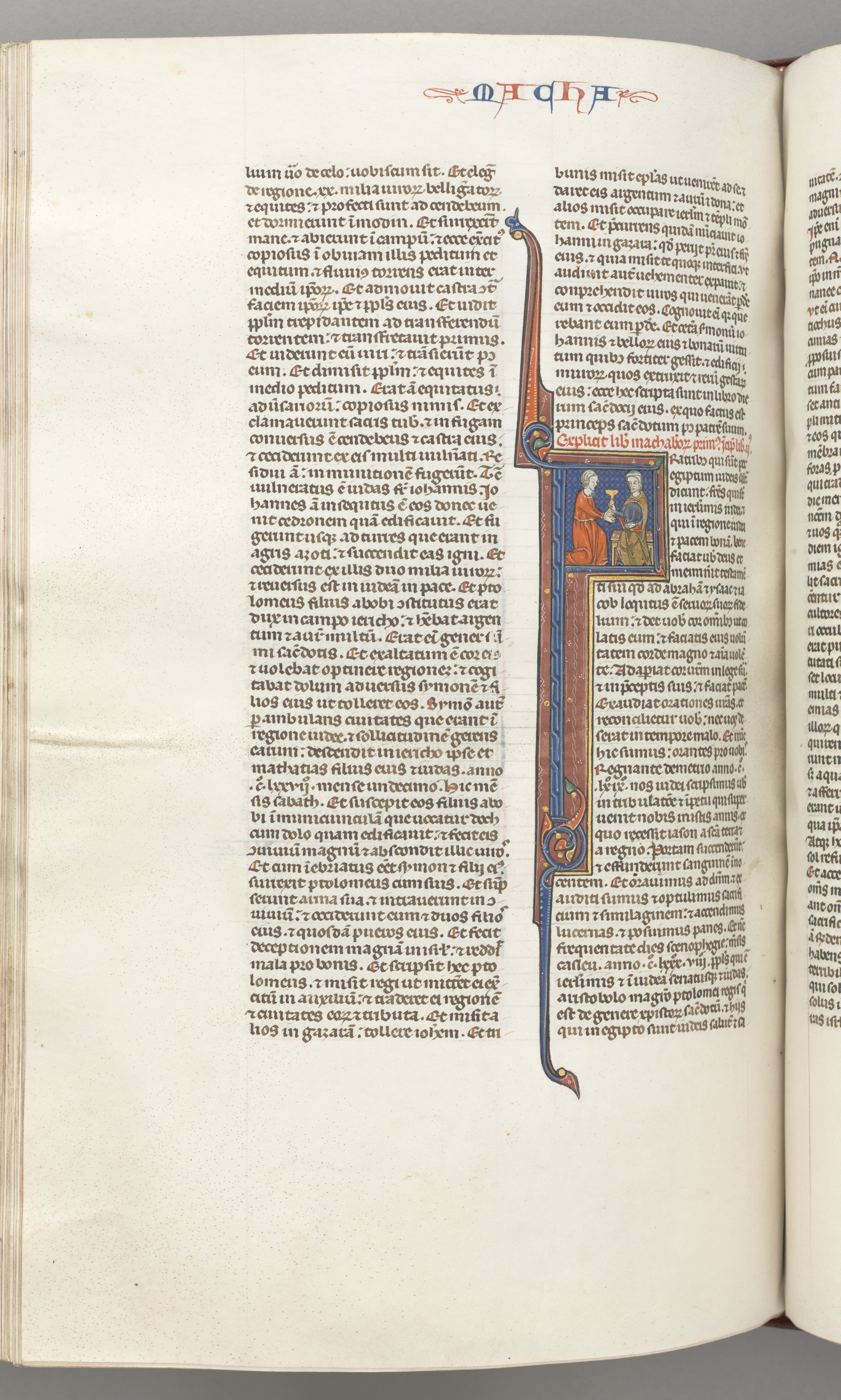 Fol. 382v, Maccabees II, historiated initial F, a golden chalice presented to a Jew