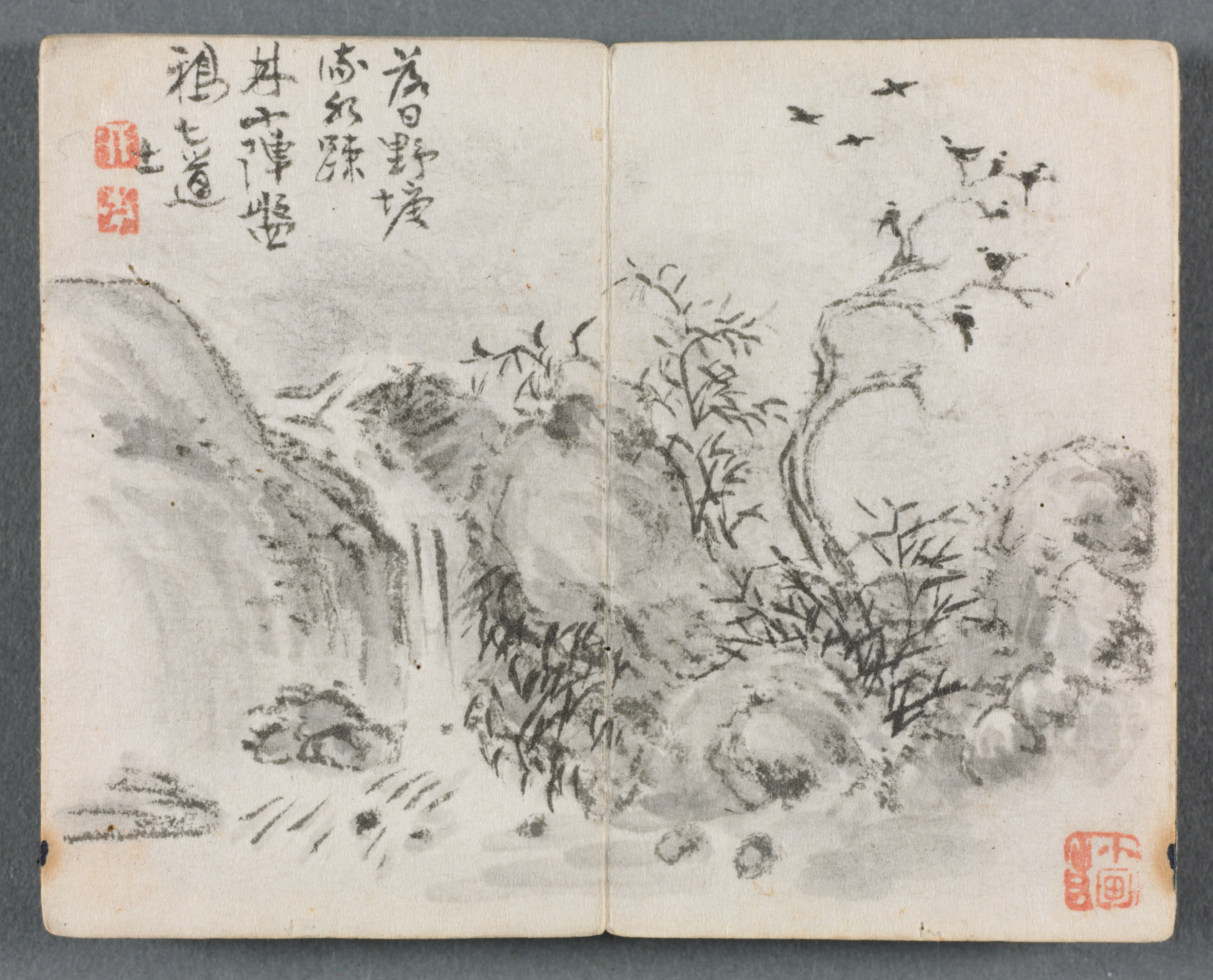 Miniature Album with Figures and Landscape (Waterfall Landscape)