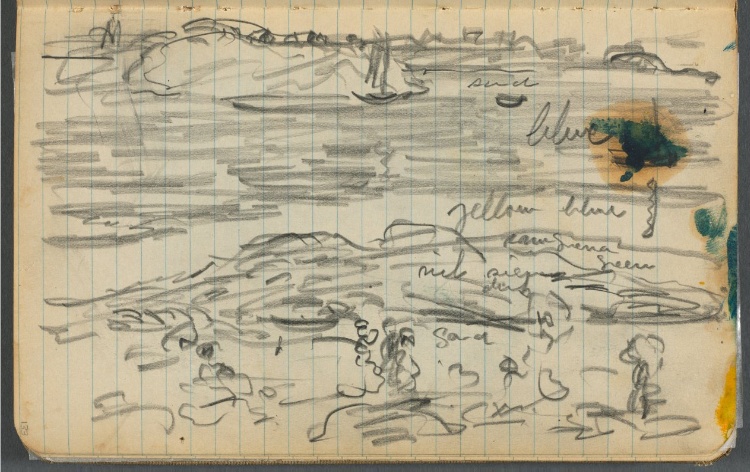 Sketchbook, page 133: Marine View with color notations 