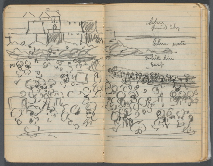 Sketchbook, page 108 &109: Beach View with color notations 