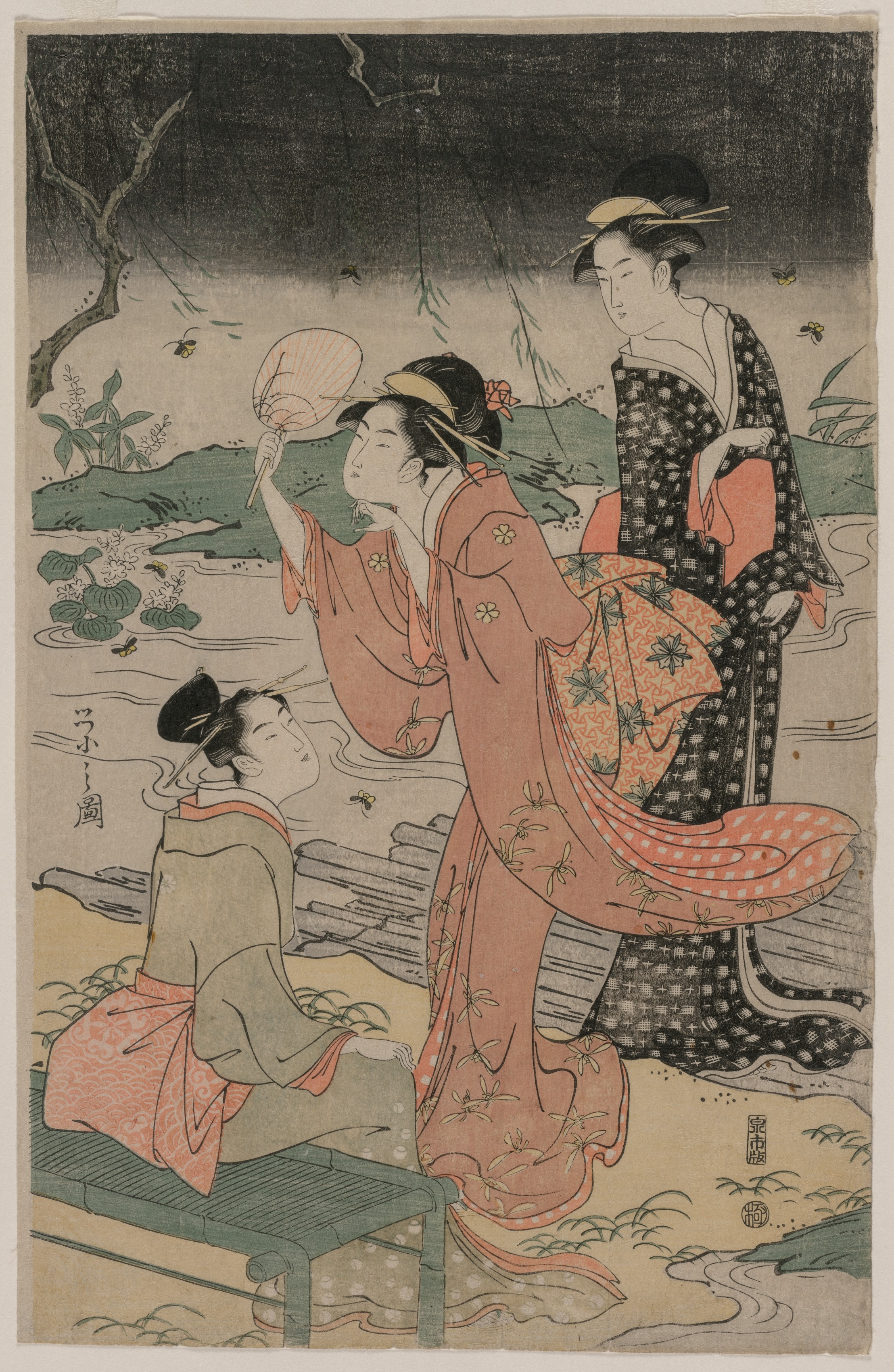 Women Beside a Stream Chasing Fireflies