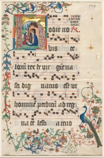 Leaf from an Antiphonary: Initial H with the Nativity (recto)