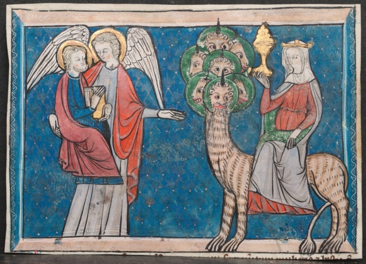 Miniature from a Manuscript of the Apocalypse: The Woman upon the Scarlet Beast and The Fall of Babylon