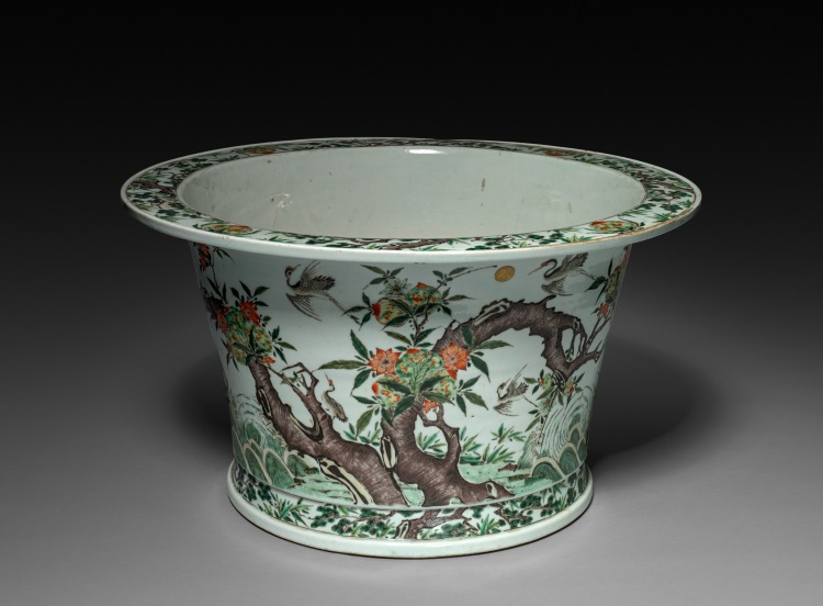Jardiniere with Cranes and Peaches over Waves