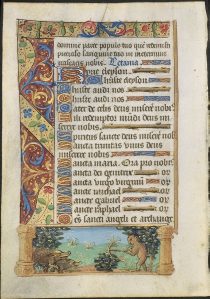 Leaf from a Book of Hours: Ape Hunting Wild Boars (recto)