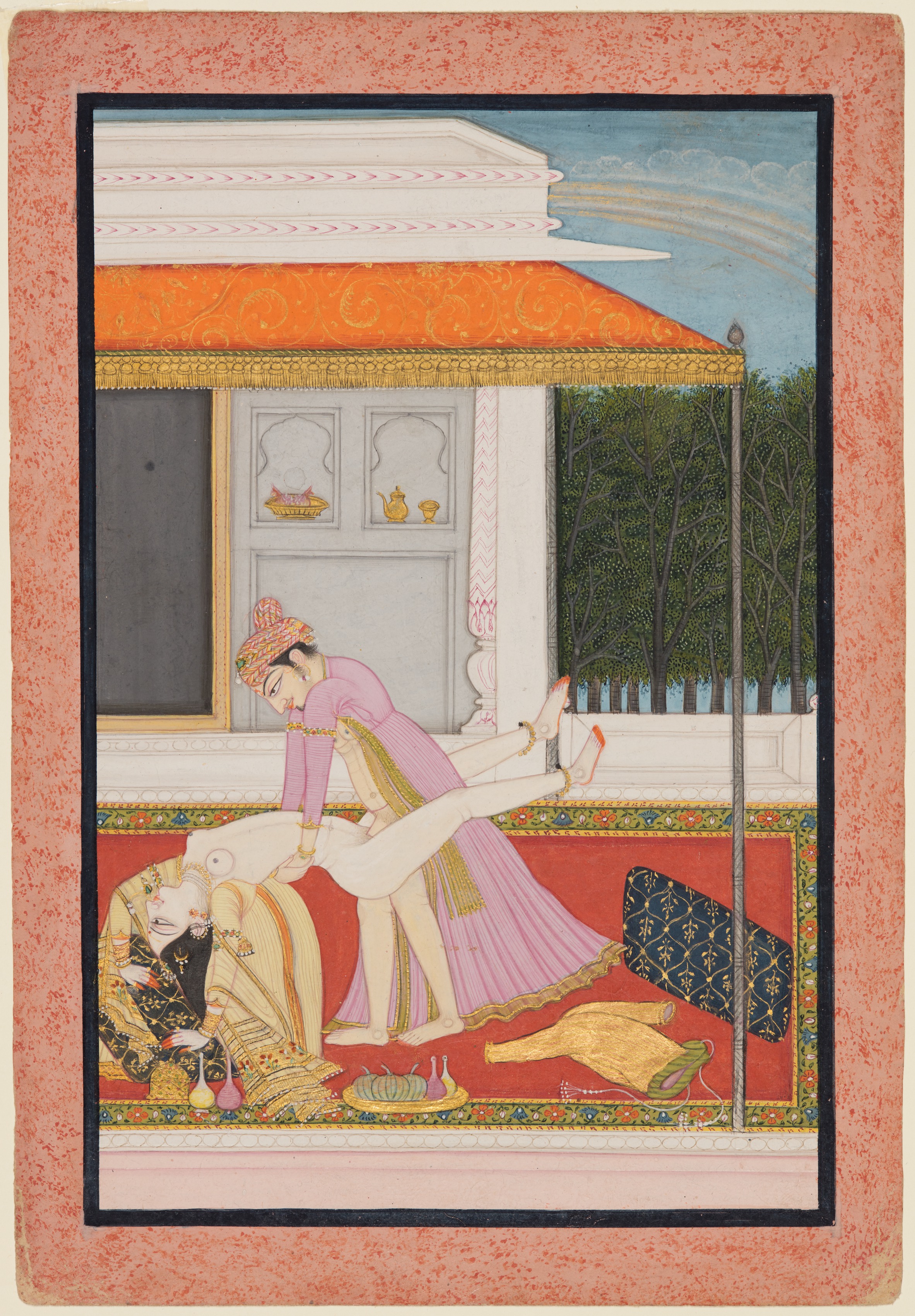 An Amorous Couple, Probably Raja Mahendra Pal of Basohli (r. 1806–13) with a Favorite Queen