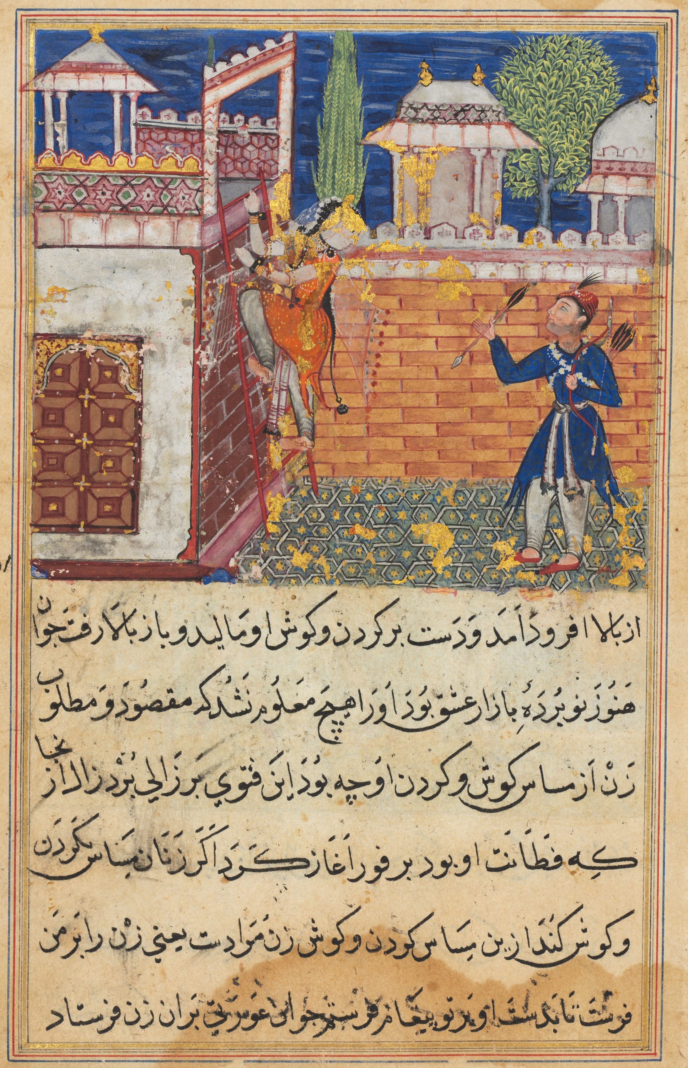 The deceitful wife returns to her terrace after caressing her lover, from a Tuti-nama (Tales of a Parrot): Eighth Night