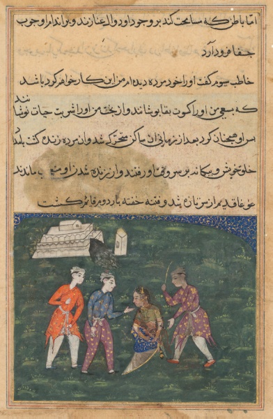 The third suitor strikes the devotee’s daughter and thus restores her to life, from a Tuti-nama (Tales of a Parrot): Twentieth Night