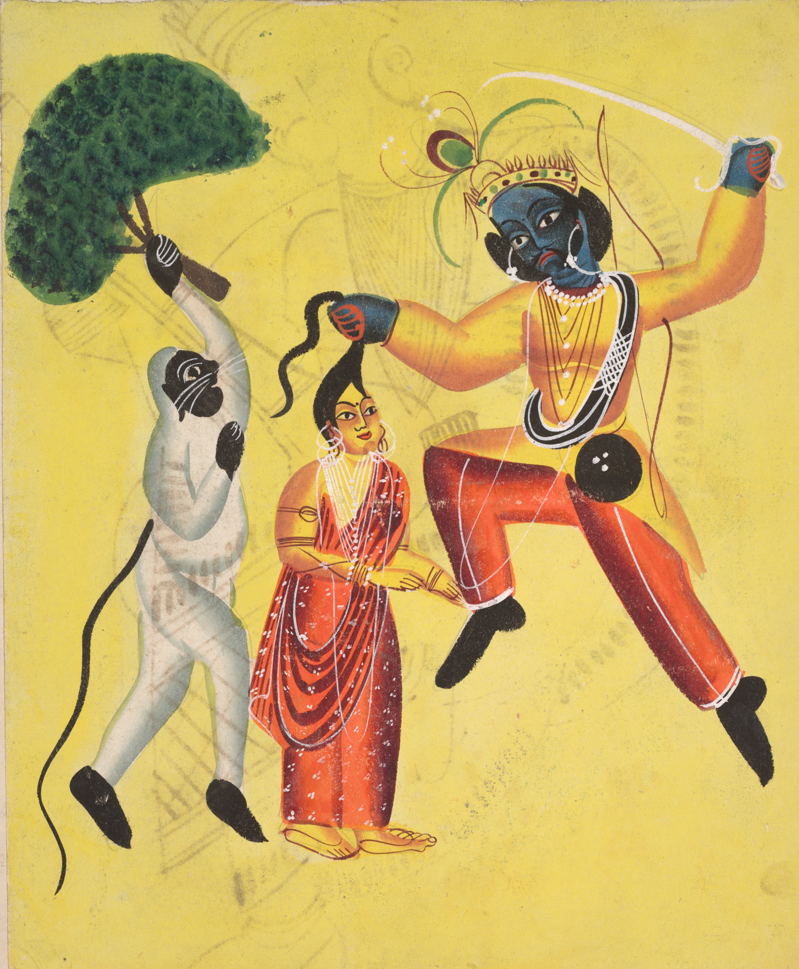 Rama and Hanuman, Holding an Uprooted Tree, Rescues Sita (recto), from a Kalighat album