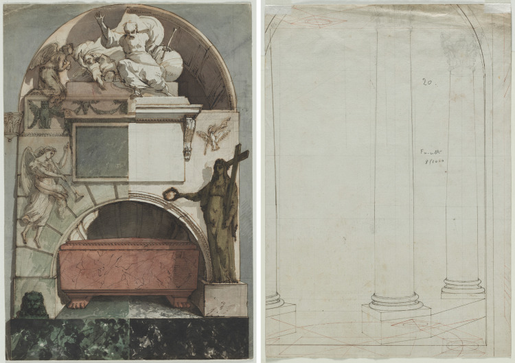 Design for a Fresco of an Artist's Tomb in the Certosa of Bologna (recto); Architectural Drawing of Columns (verso)