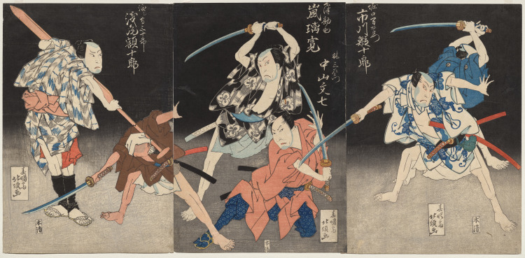 Asao Gakujurō as the Boatman Sanjūrō, Nakayama Bunshichi as Hayashi Sanzemon, Arashi Rikan II as Kizu Kansuke, and Ichikawa Ebijūrō II as Horiguchi Manzaemon from the Kabuki Play Eight Views of the Kizu River by Boating Song