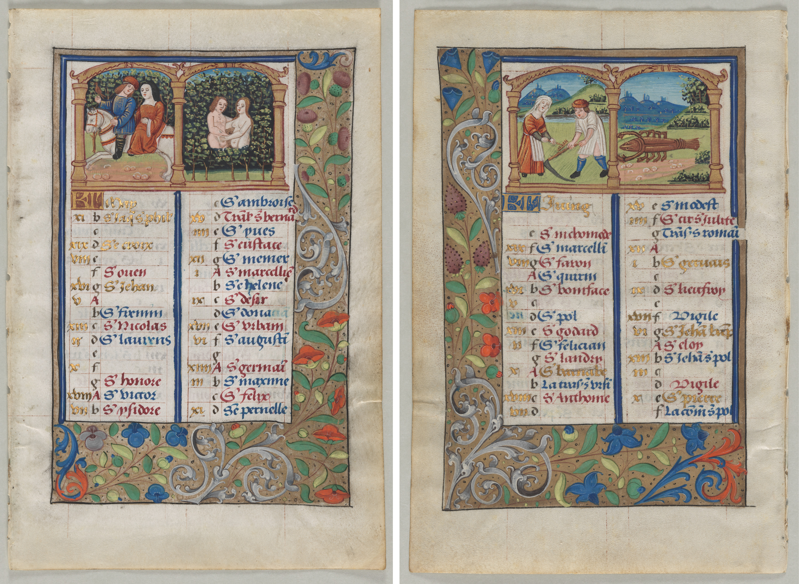Leaf from a Book of Hours: Calendar Page for May (recto) and Calendar Page for June (verso) (2 of 3 Excised Leaves)