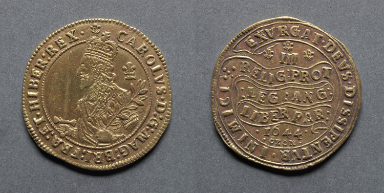 Triple Unite or Three Pound Piece: Charles I (obverse); Declaration on Scroll (reverse)